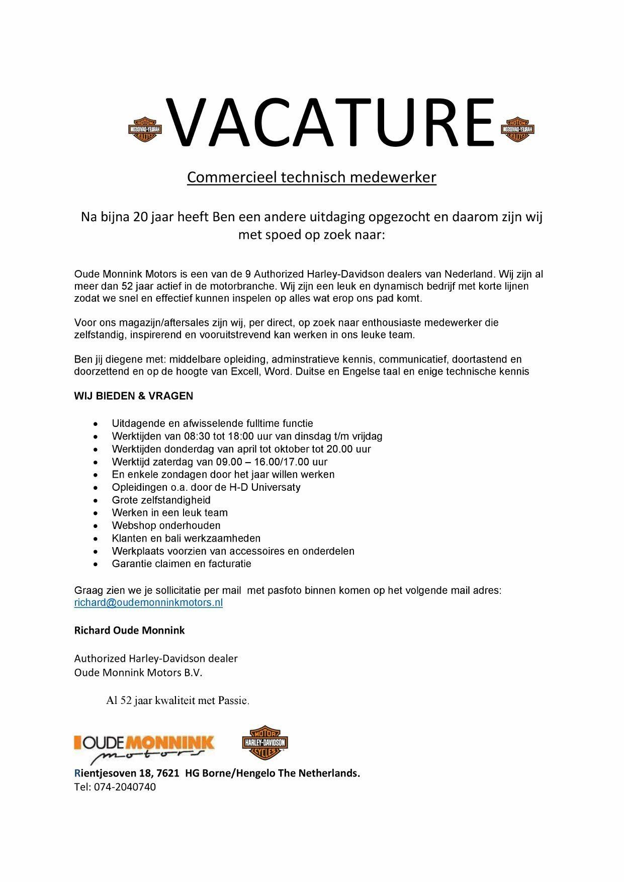 Vacature Commercieel Technisch medewerker Oude Monnink Motors